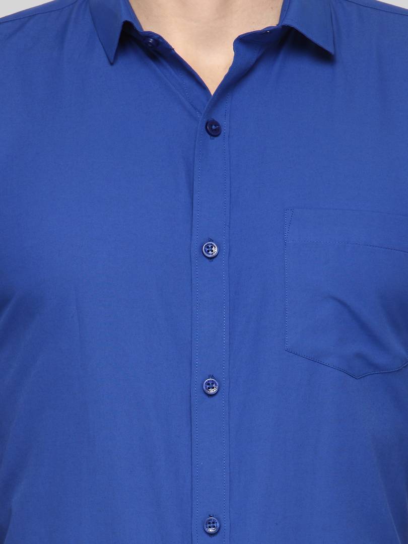 Blue Solid Cotton Blend Slim Fit Formal Shirt