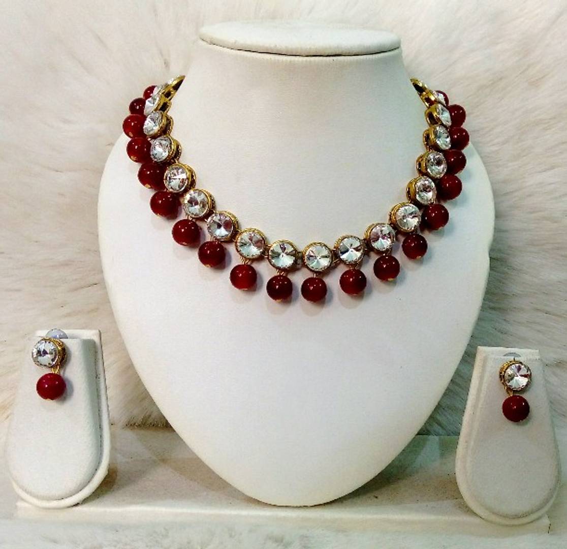 Kundan and Maroon Glass Bead Necklace With Earrings