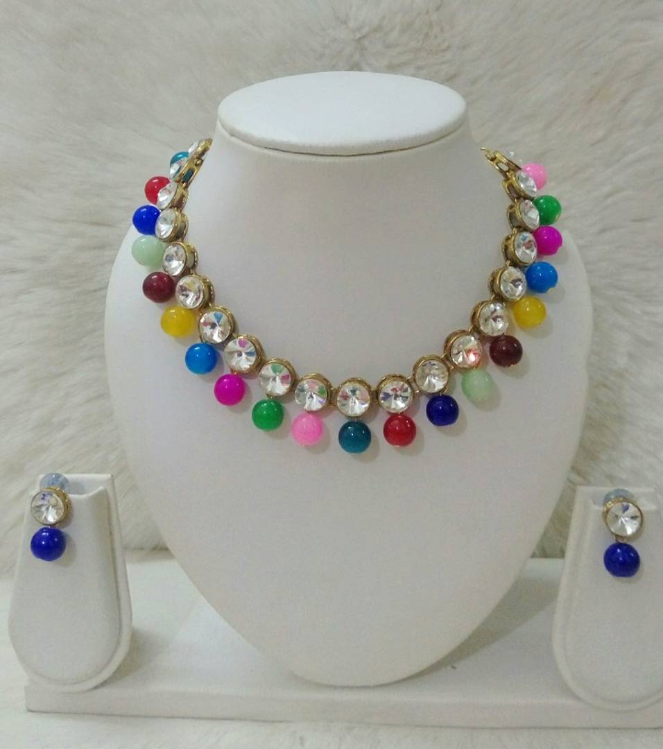 Kundan and Multi Color Glass Bead Necklace With Earrings