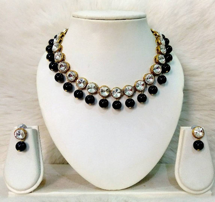 Kundan and Black Glass Bead Necklace With Earrings