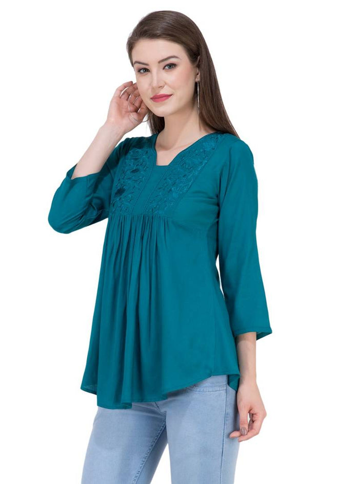 Women's Rayon Blue Embroidered Top