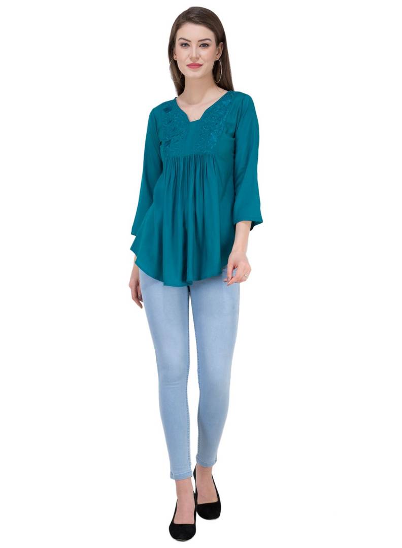 Women's Rayon Blue Embroidered Top