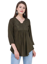 Load image into Gallery viewer, Women&#39;s Rayon Olive Embroidered Top