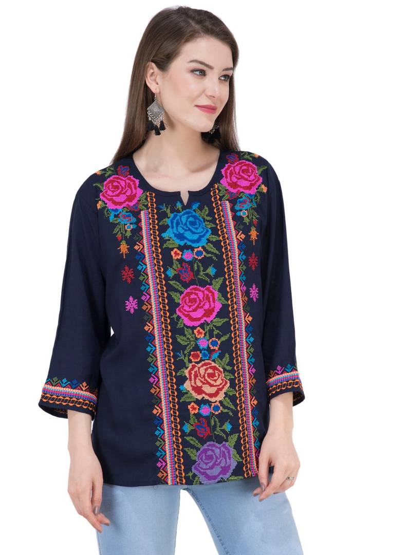 Women's Rayon Navy Blue Embroidered Tunic Top - SVB Ventures 