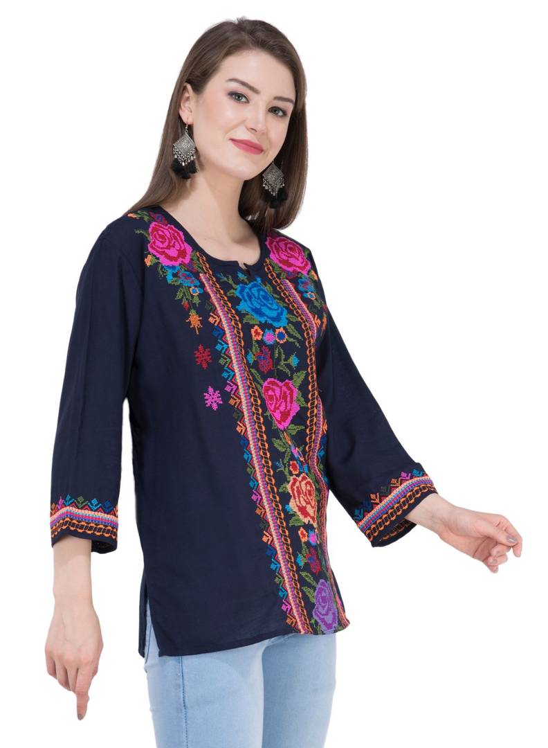 Women's Rayon Navy Blue Embroidered Tunic Top - SVB Ventures 