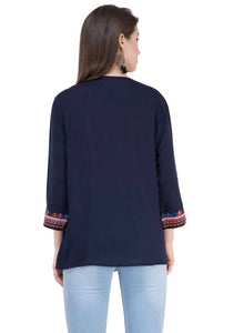 Women's Rayon Navy Blue Embroidered Tunic Top - SVB Ventures 