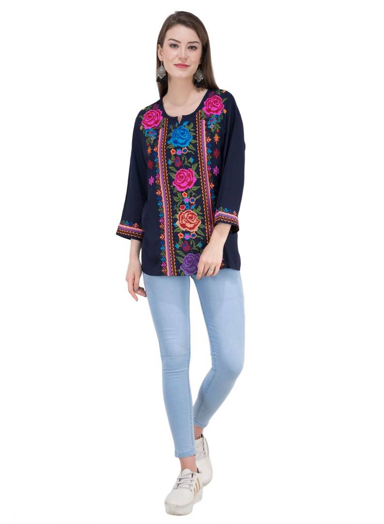 Women's Rayon Navy Blue Embroidered Tunic Top - SVB Ventures 