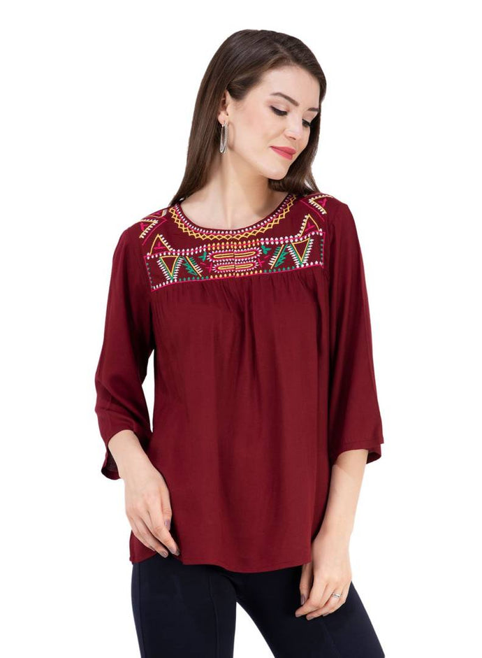 Women's Rayon Maroon Embroidered Top