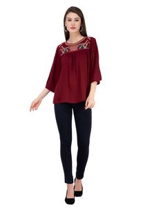 Women's Rayon Maroon Embroidered Top