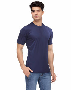 Men's Navy Blue Solid Polyester Round Neck T-Shirt