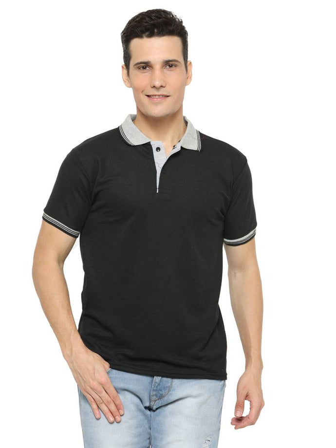 Black Cotton Blend Solid  Polo T-Shirt