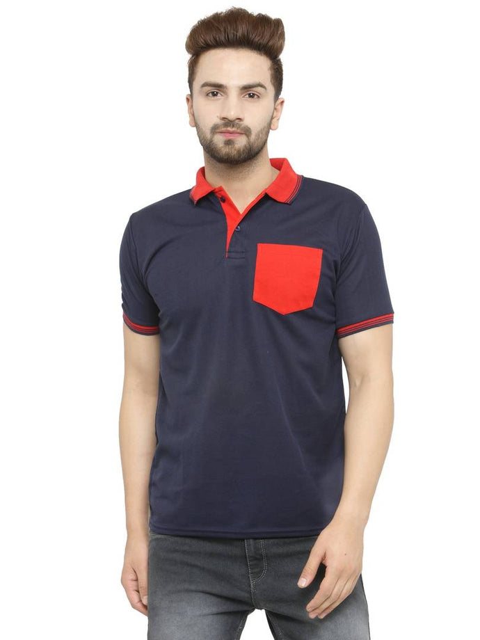 Navy Blue Cotton Blend Solid  Polo T-Shirt