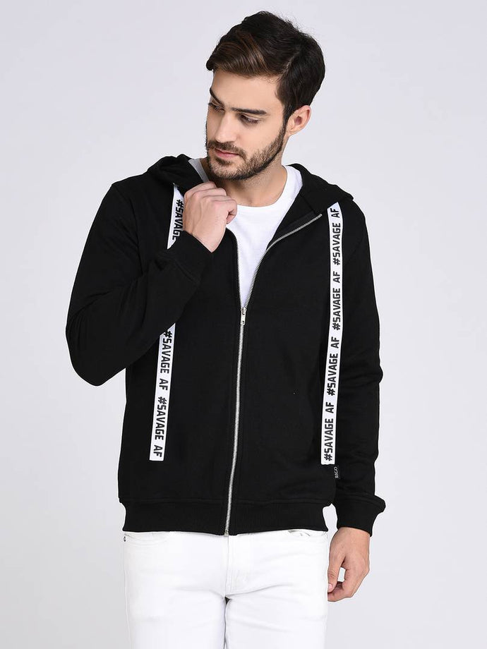 Black Fleece Hooded With Front Zip Open Sweatshirt-Full