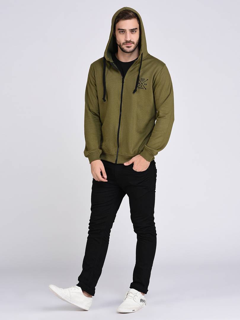 Olive Green Fleece Hooded With Front Zip Open sweatshirt-Full