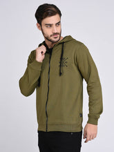 Load image into Gallery viewer, Olive Green Fleece Hooded With Front Zip Open sweatshirt-Full