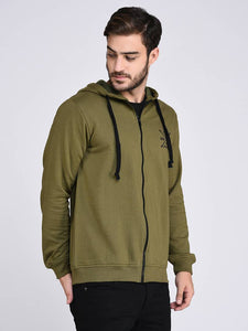 Olive Green Fleece Hooded With Front Zip Open sweatshirt-Full