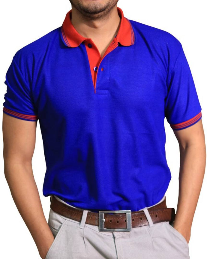 Blue Cotton Blend Solid  Polo T-Shirt