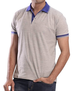 Grey Cotton Blend Solid  Polo T-Shirt