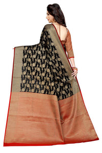Stylish Black Printed Silk Cotton Saree with Blouse piece