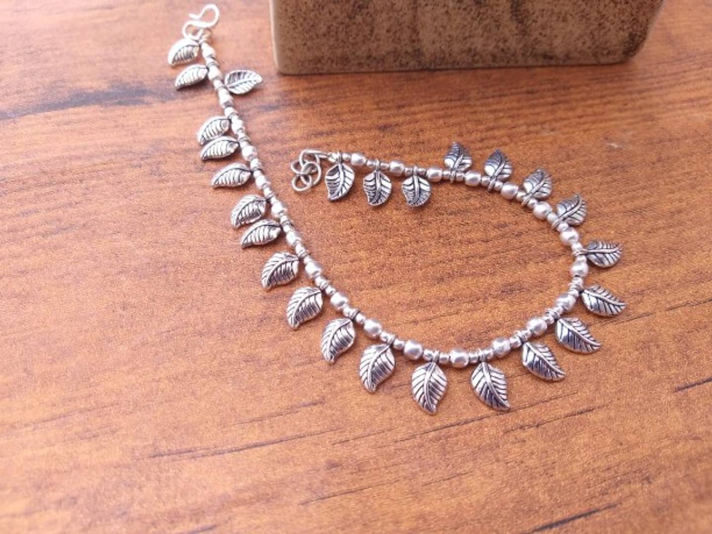 Leaf Oxidized Silver Anklet Pair for Women