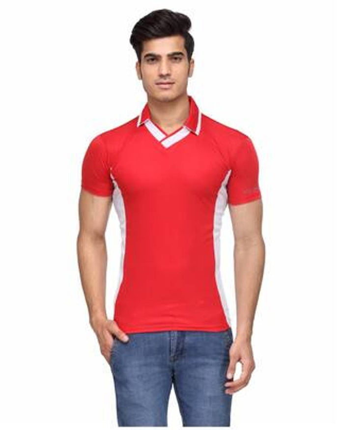 Men's Red White V-Neck Sports T-shirt