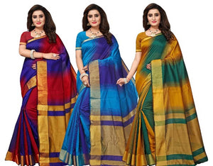 Combo of 3 Art Silk Multicolored Striped Sarees with Blouse piece