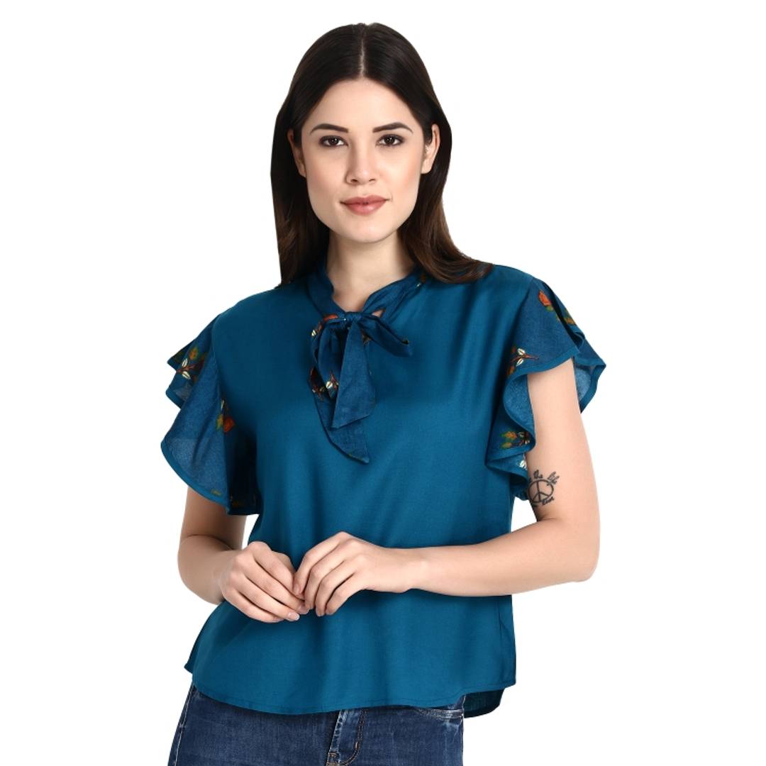 Teal Solid Flared Blouse Top