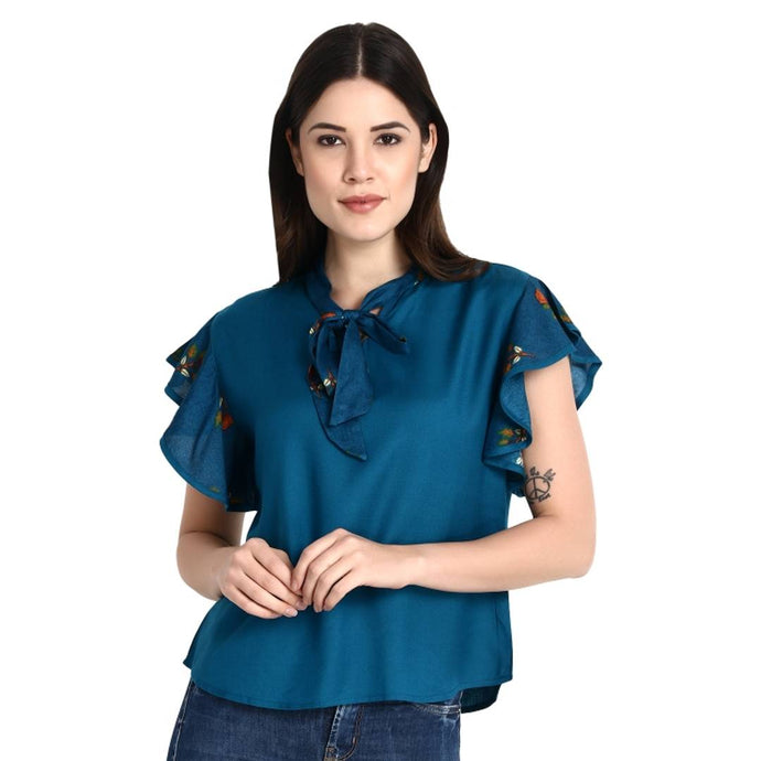 Teal Solid Flared Blouse Top