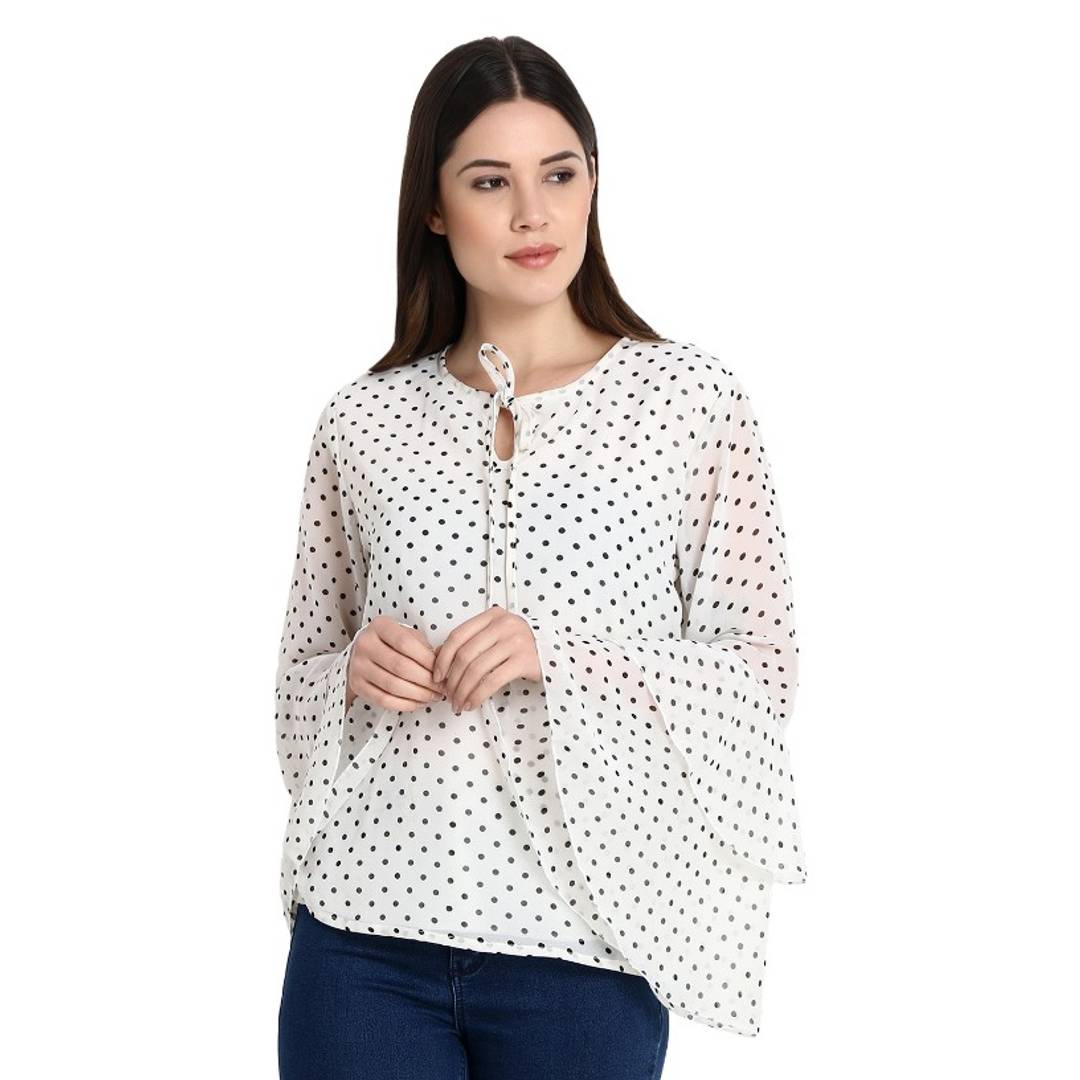 White Polka Dot Print Bell Sleeve Blouse Top