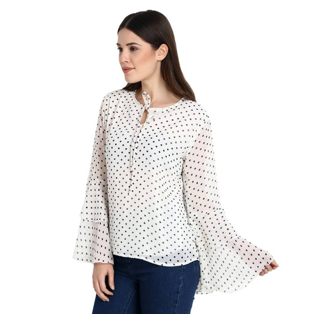 White Polka Dot Print Bell Sleeve Blouse Top