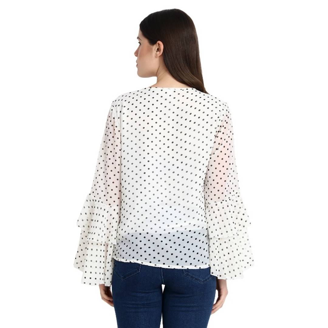 White Polka Dot Print Bell Sleeve Blouse Top