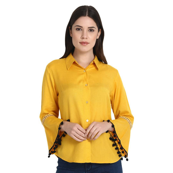 Mustard Button Top With Frill Black Pom Pom