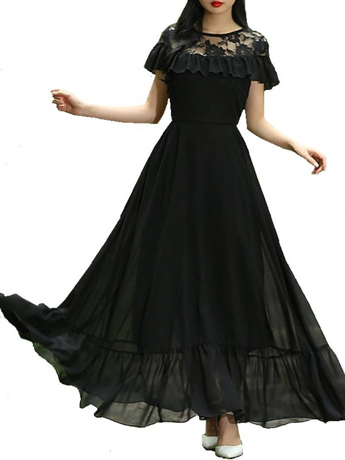 Black Lace Yoke Long Maxi Dress