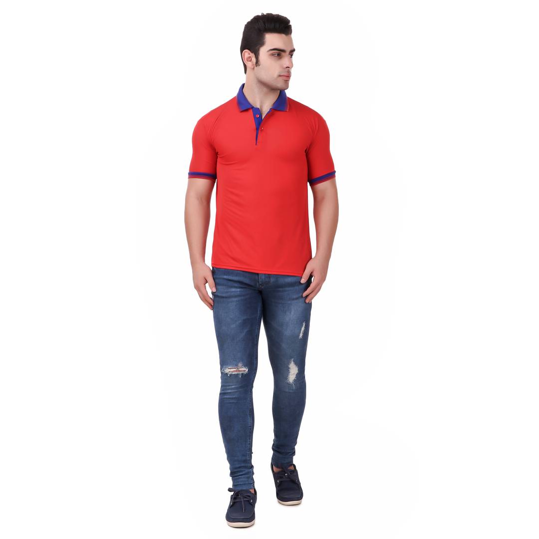 Red Solid Polyester Blend Round Neck Tees