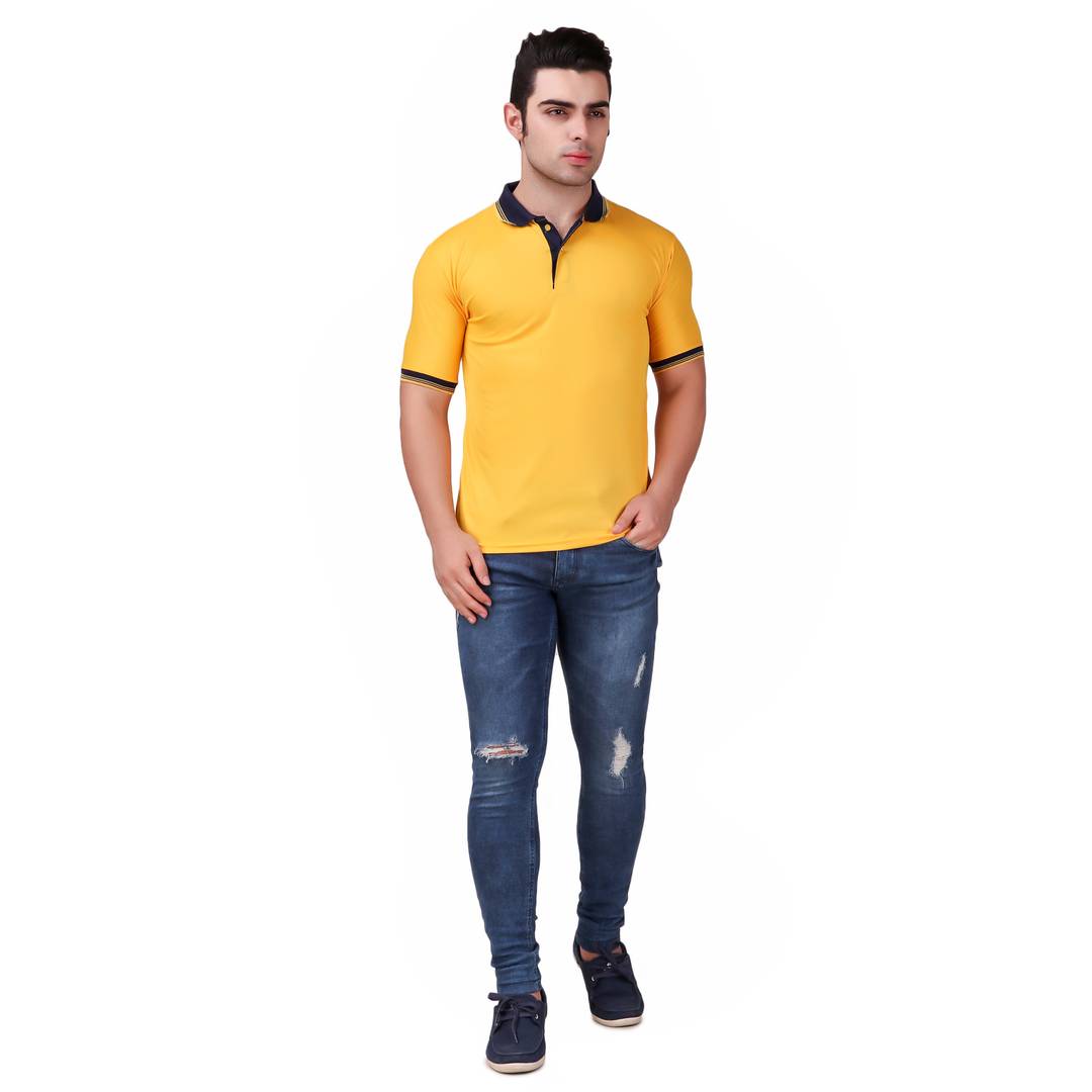 Yellow Solid Polyester Blend Round Neck Tees