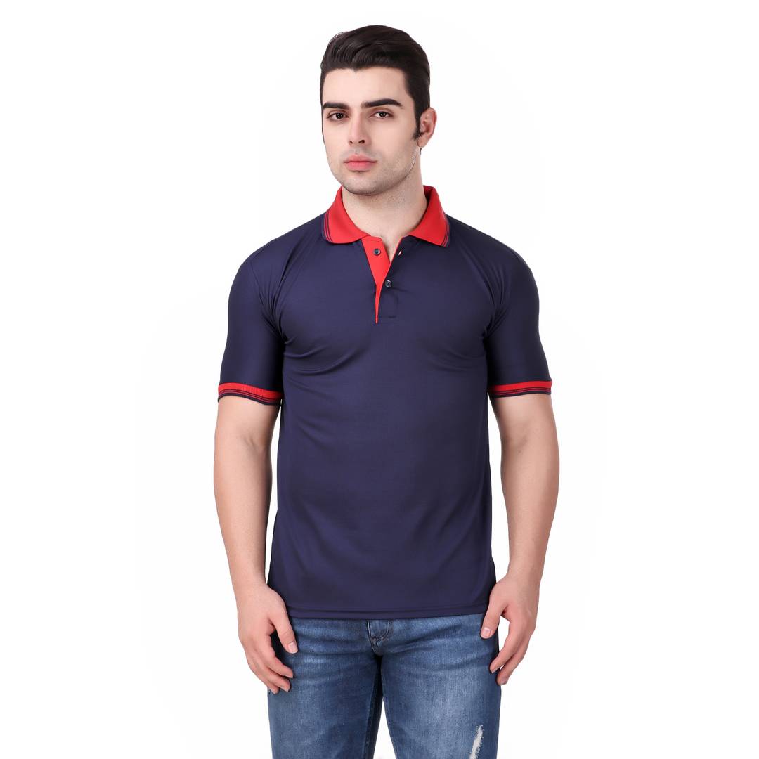 Navy Blue Solid Polyester Blend Round Neck Tees