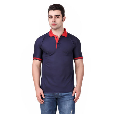 Navy Blue Solid Polyester Blend Round Neck Tees