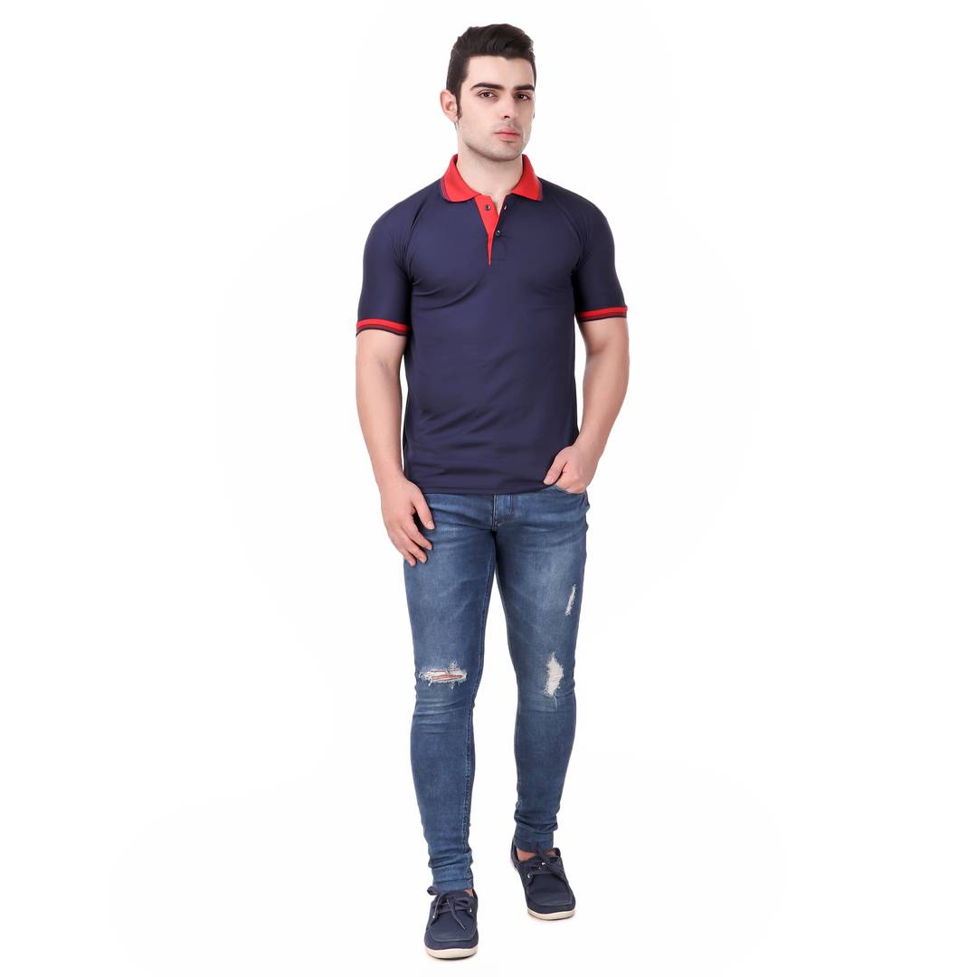 Navy Blue Solid Polyester Blend Round Neck Tees