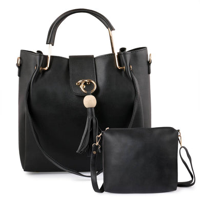 Black Solid Leatherette Handbag With Clutch