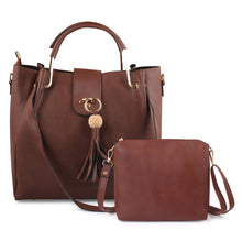 Load image into Gallery viewer, Brown Solid Leatherette Handbag With Clutch