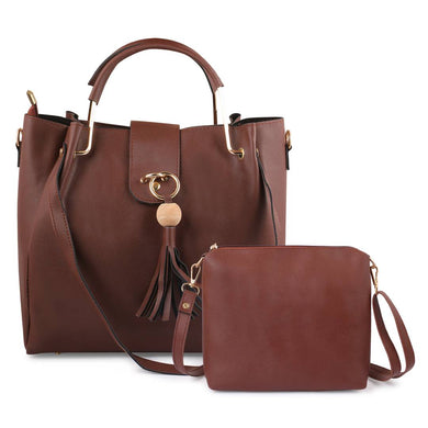 Brown Solid Leatherette Handbag With Clutch