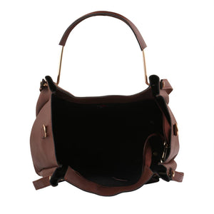 Brown Solid Leatherette Handbag With Clutch