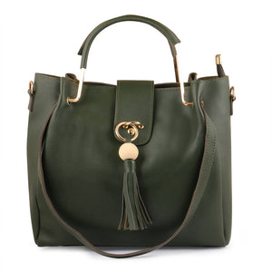Green Solid Leatherette Handbag With Clutch