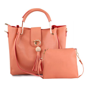 Pink Solid Leatherette Handbag With Clutch