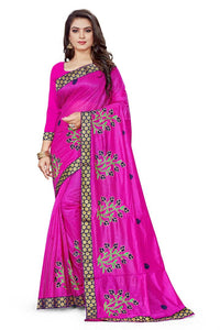 Pink Embroidered Poly Crepe Lace Border Saree with Blouse piece