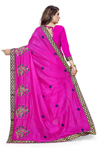Pink Embroidered Poly Crepe Lace Border Saree with Blouse piece