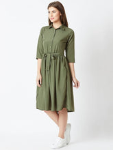 Load image into Gallery viewer, Olive Solid Collar Crepe Fit and Flare Dress