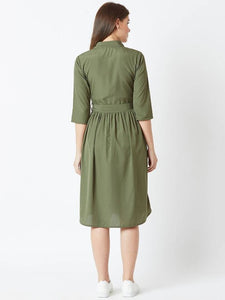 Olive Solid Collar Crepe Fit and Flare Dress