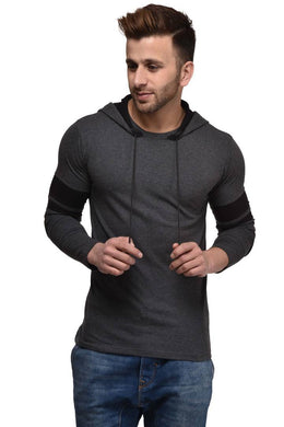 Men's Grey Cotton Blend Self Pattern Hooded Tees