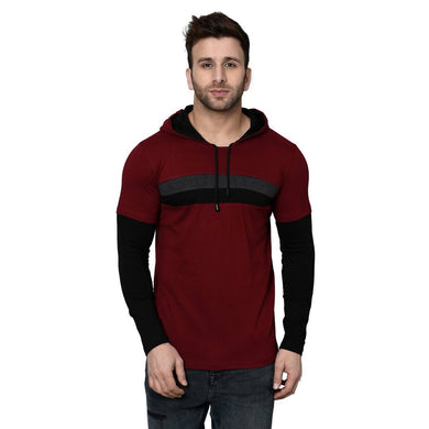 Men's Maroon Cotton Blend Self Pattern Hooded Tees